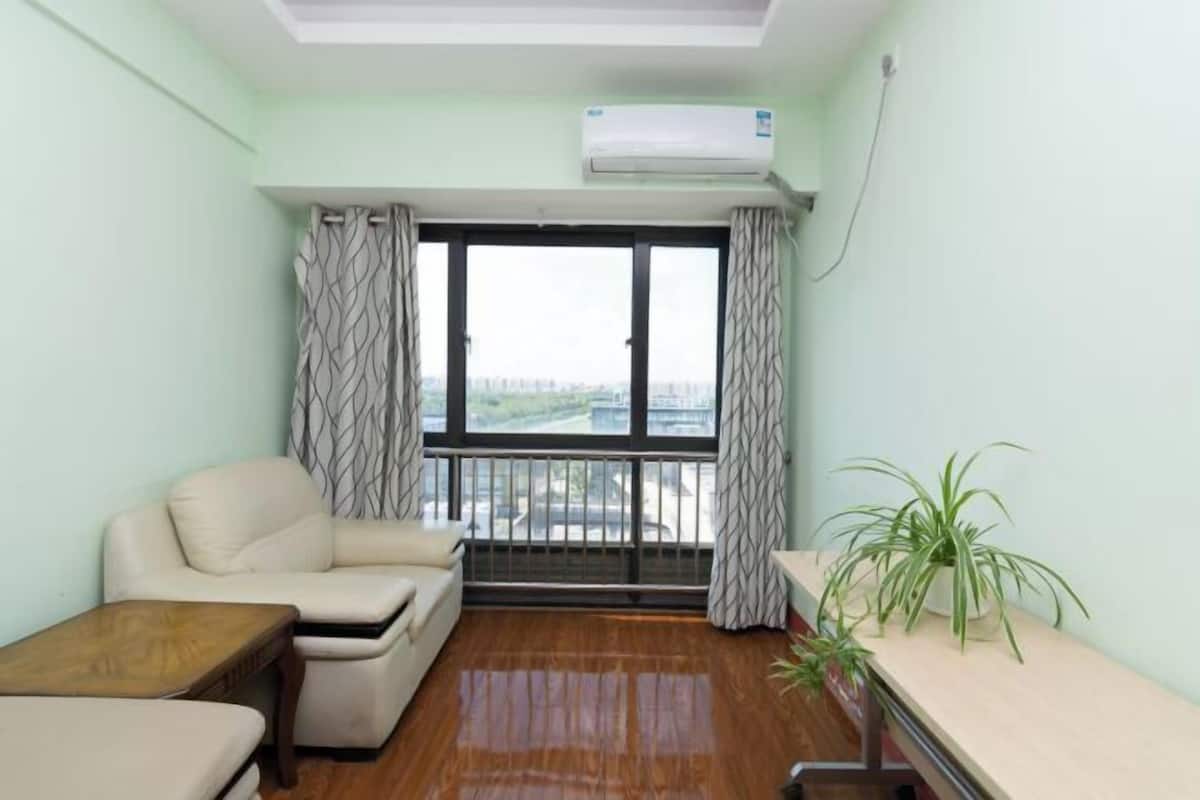A room with a sofa, a small table, a potted plant, a window with curtains, and an air conditioning unit.