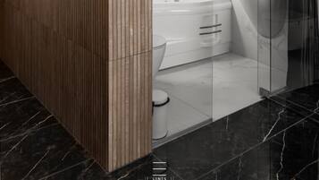 Jetted tub, towels, soap, toilet paper