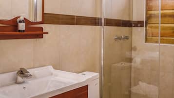 Shower, towels, soap, toilet paper