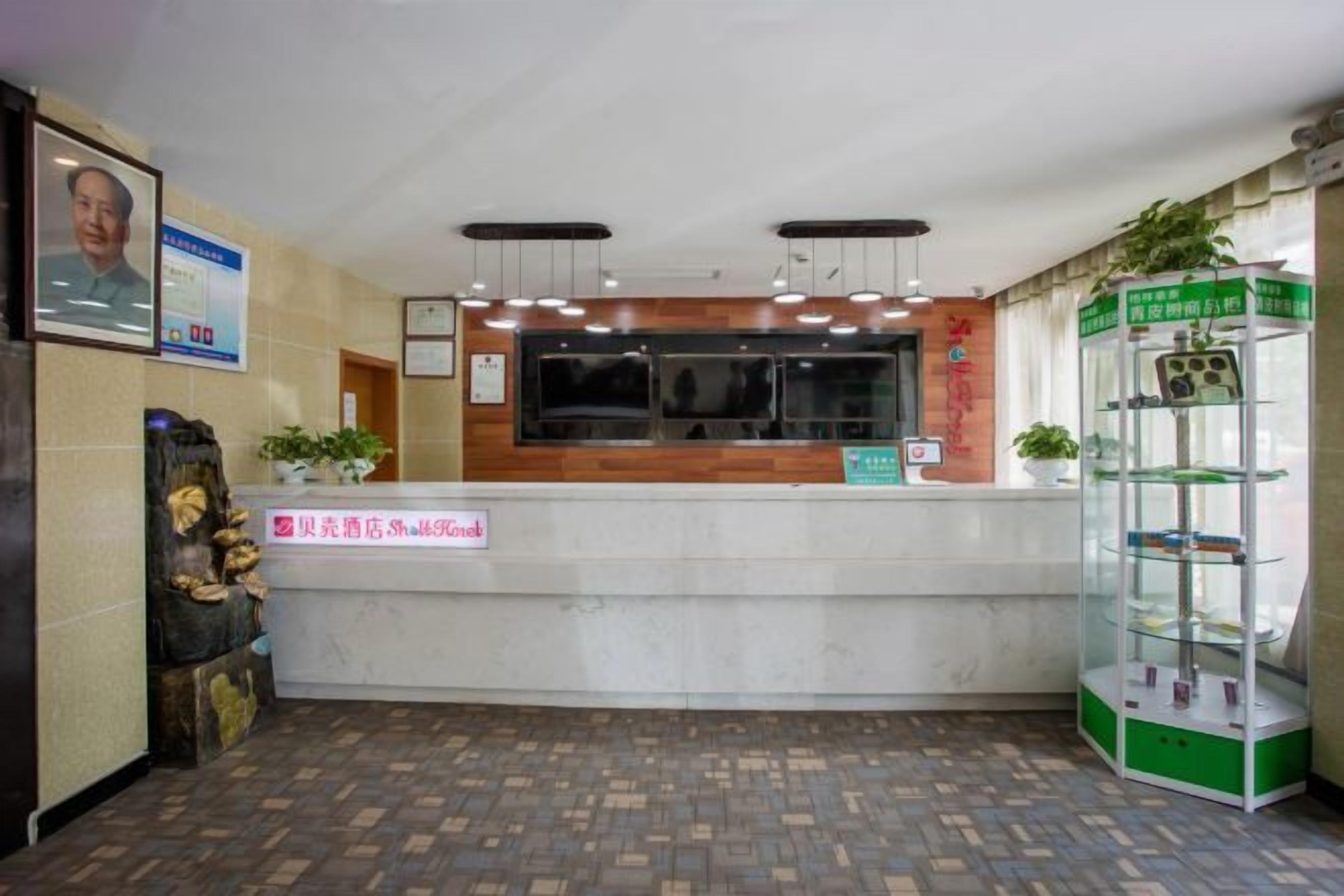 Un área de recepción con mostrador, planta y vitrina verde.