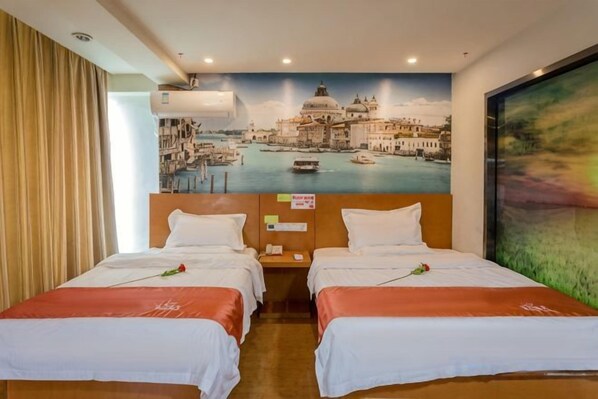 A hotel room with two beds, a mural of a cityscape, and a large window. - Shell Hotel (Chaoyang shoe city store, Chaoyang Street, Taiyuan) (Taiyuan)