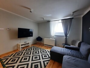Una sala de estar moderna con un televisor de pantalla plana, una alfombra estampada, un sofá y un radiador.
