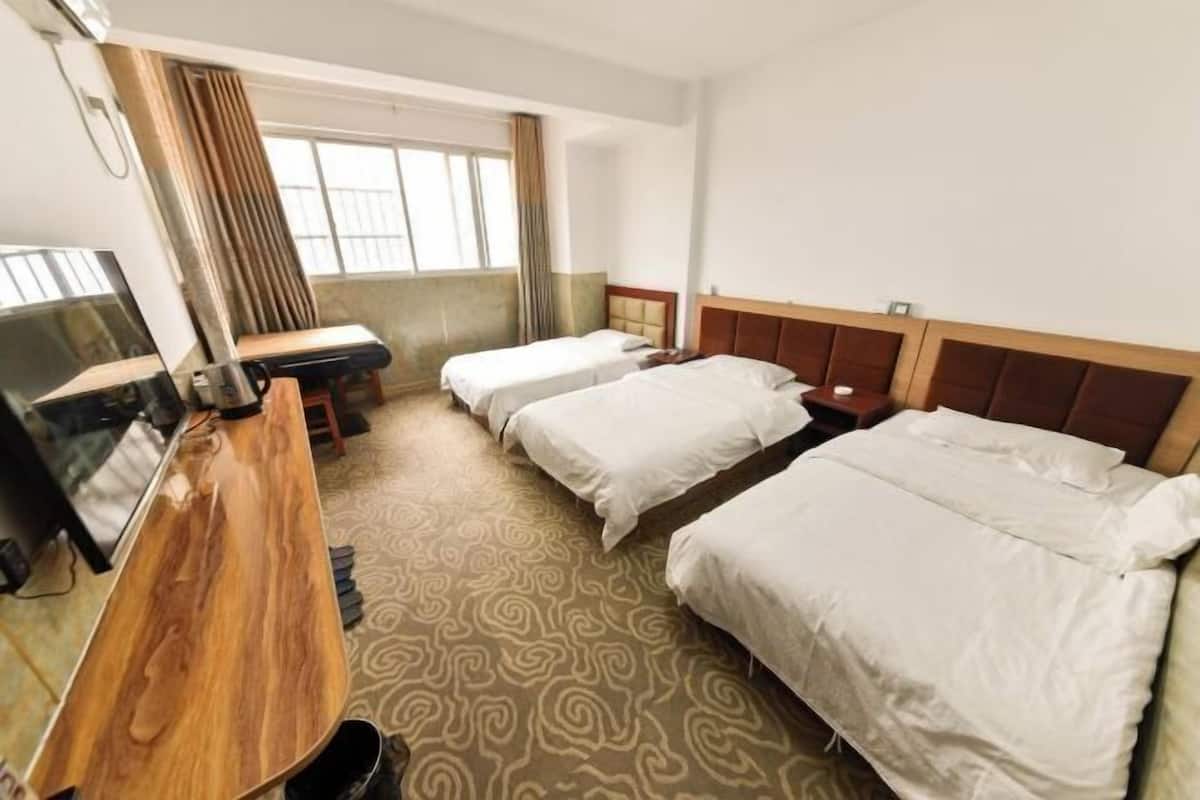 Une chambre d’hôtel avec un lit, un bureau, une chaise, une télévision et une fenêtre.