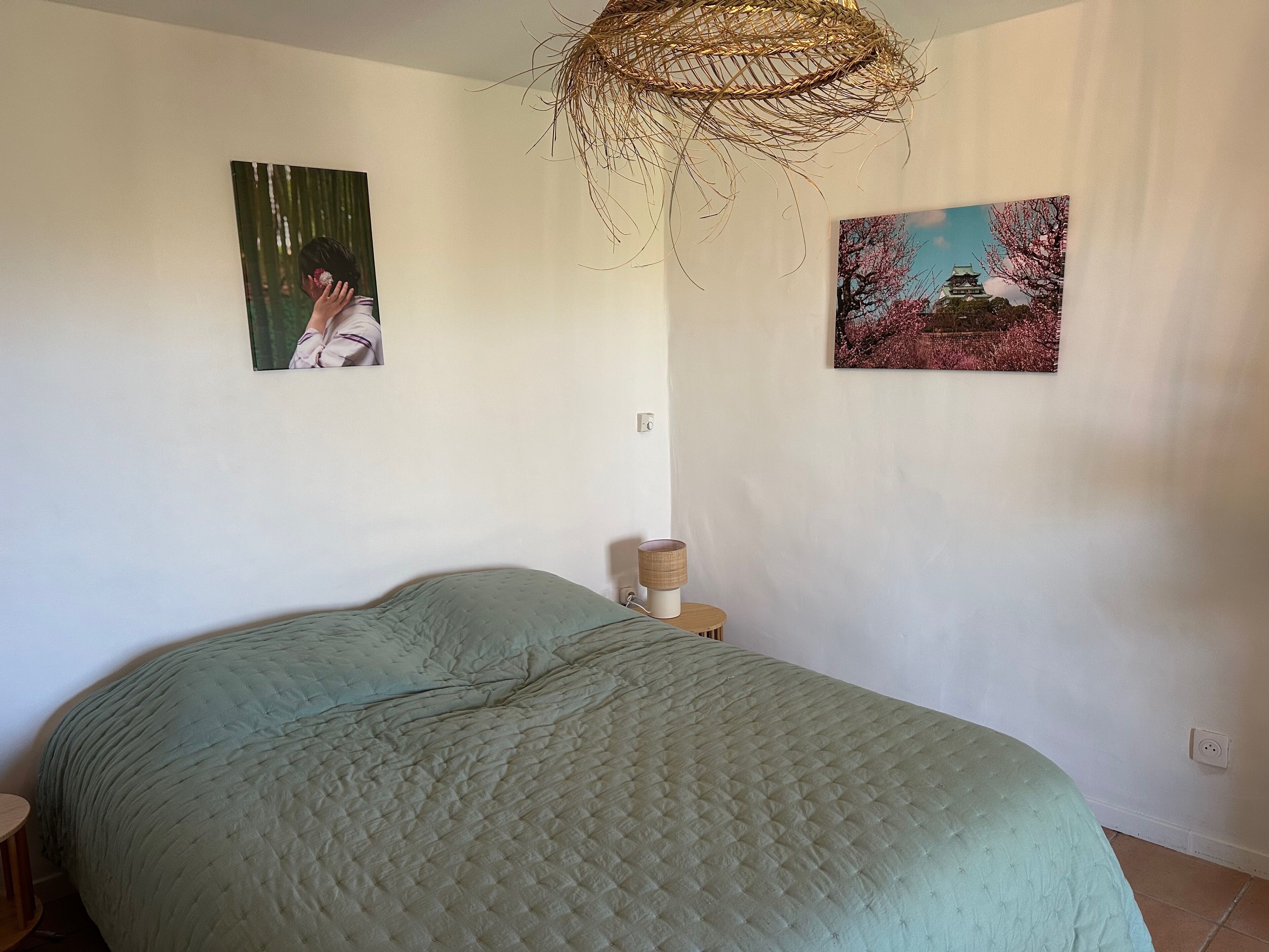 A bedroom with a bed, two wall-mounted paintings, a bedside lamp, and a woven ceiling light fixture.