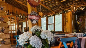 A rustic coffeehouse interior with wooden furniture, a vintage coffee mug centerpiece, and a sign indicating a coffee price of $2.50 per cup. - Hotel y Cabañas La Posada del Cielo (La Palma)