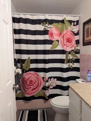 Hair dryer, towels, soap, shampoo