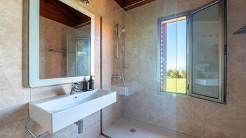 Shower, hair dryer, bidet, towels
