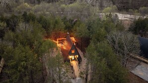 Eine Hütte mit geneigtem Dach, umgeben von dichtem Wald, erreichbar über eine Holzterrasse.