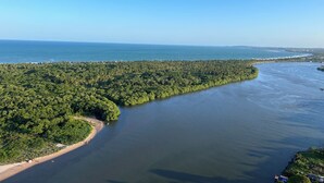 An aerial view of a coastal area with dense greenery, a curved water body, and a distant shoreline with buildings. - Luxury Apartment with Voice Automation (Barra de Jangada Jaboatão dos Guararapes)