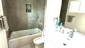 A modern bathroom with a glass-enclosed shower, a bathtub, a toilet, and a large mirror above the sink.