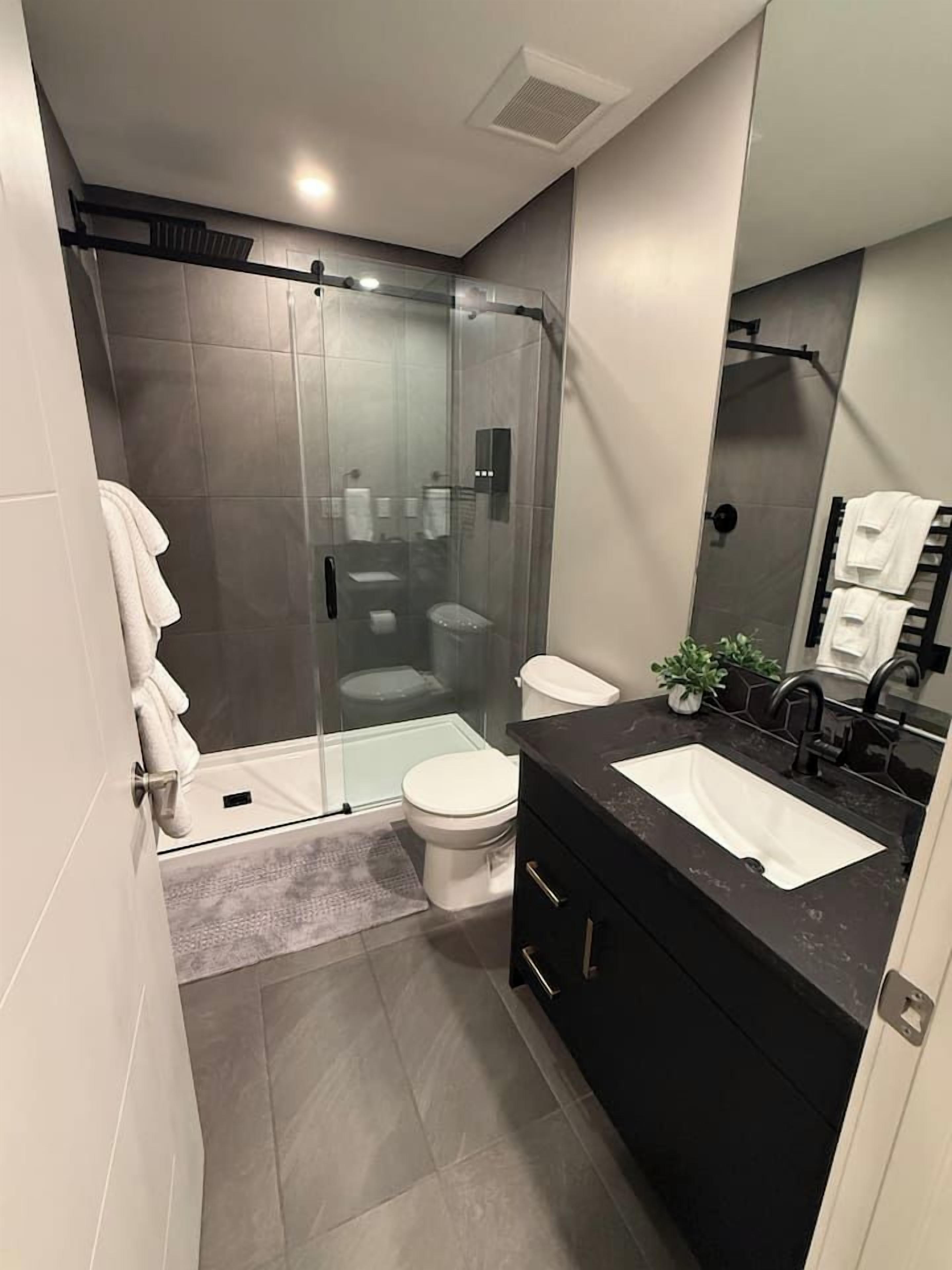 A modern bathroom with a glass-enclosed shower, a white toilet, a black sink, and a mirror.