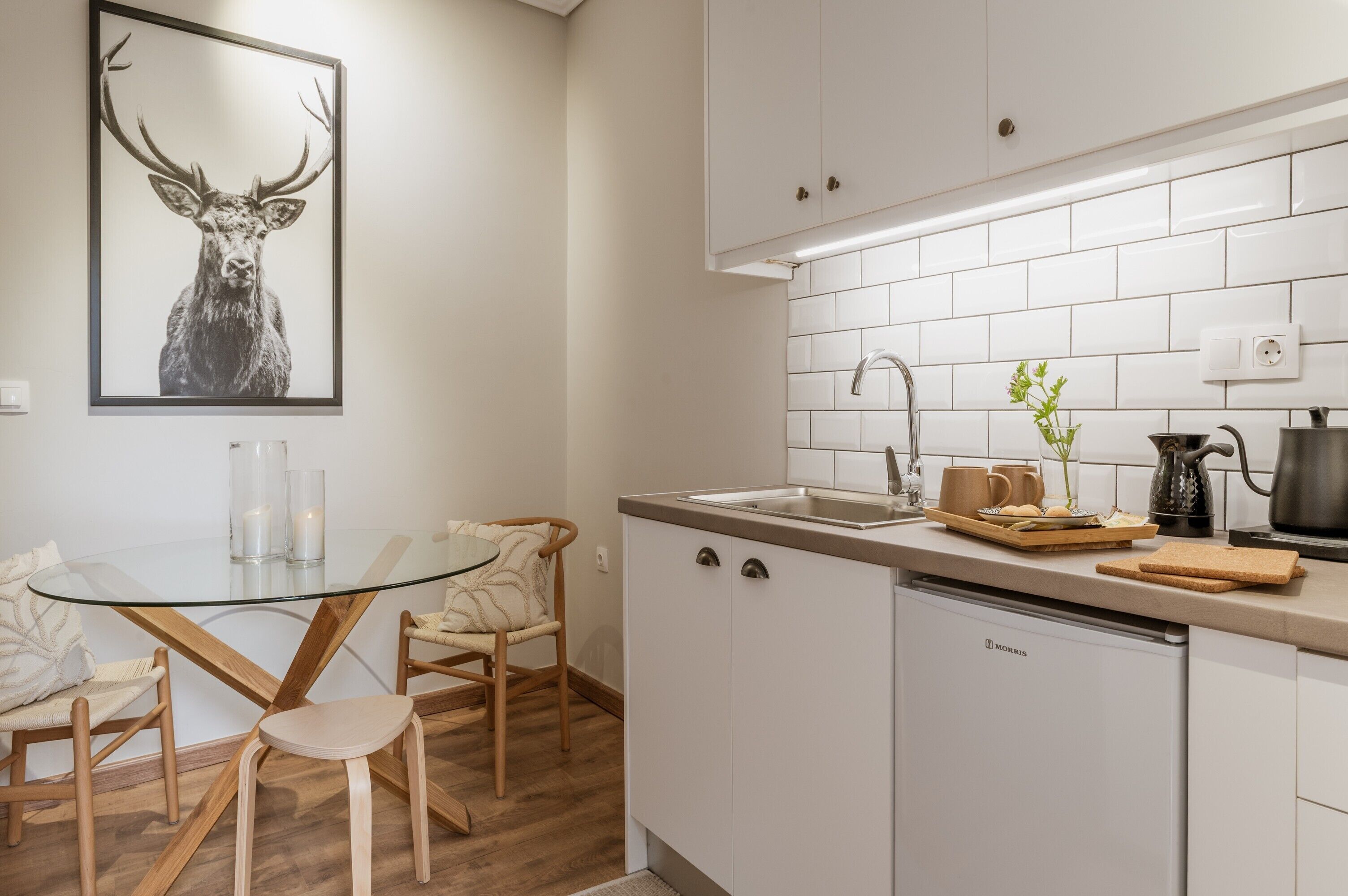 Fridge, stovetop, electric kettle, cookware/dishes/utensils