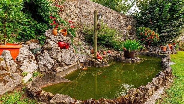 Un jardín con un estanque, muros de piedra y plantas en macetas.