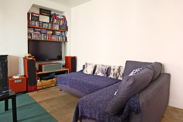 TV, books, video library, stereo