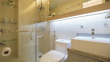 Shower, hair dryer, towels, soap