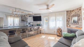 Una televisión, una chimenea, una mesa de tenis de mesa