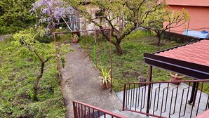 Un jardin avec un sentier, une pergola ornée de fleurs violettes et un bâtiment doté d’un toit rouge.