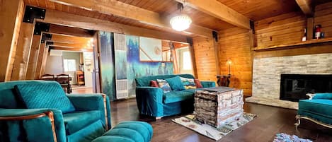 Smart TV, fireplace, books