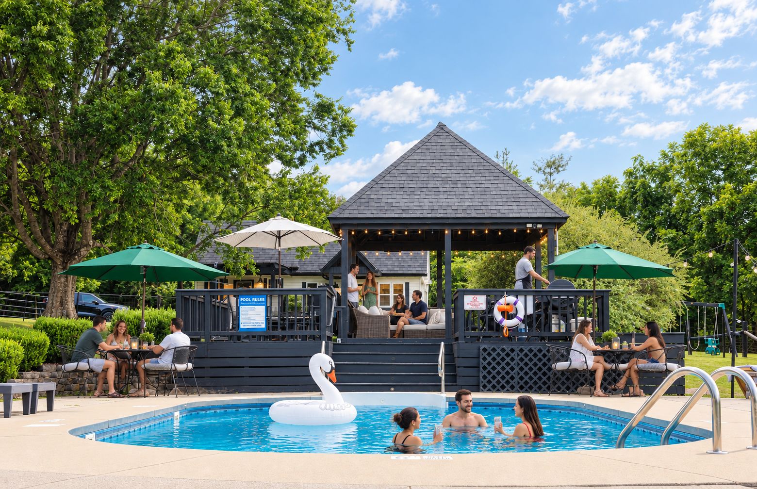 An outdoor swimming pool with a swan float, surrounded by lounge chairs and umbrellas, with a gazebo and a sign indicating pool rules.