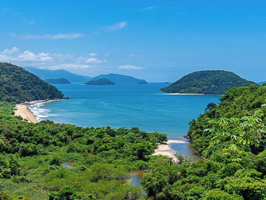 A coastal landscape with lush greenery, a beach, and distant islands.