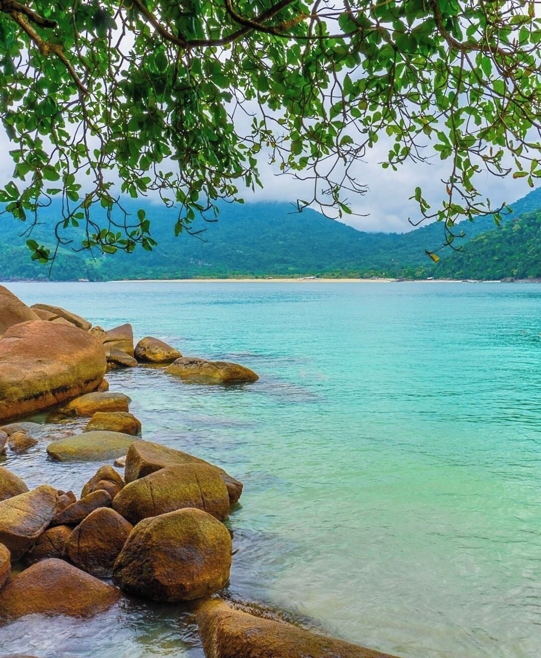 A clear view of a rocky shoreline with calm water and a backdrop of mountains.