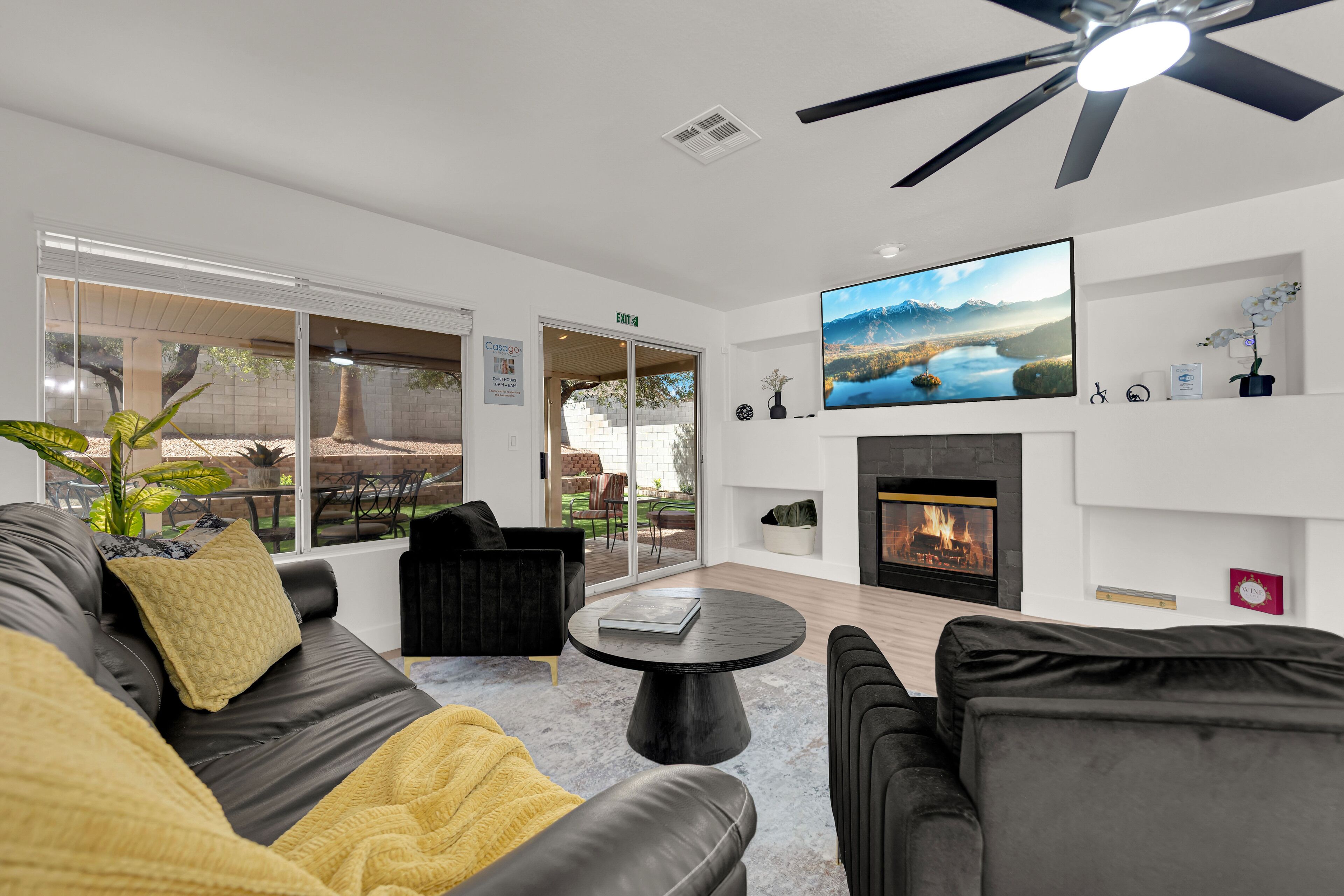 Smart TV, fireplace, books