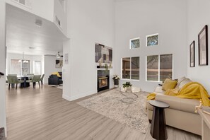 Smart TV, fireplace, books