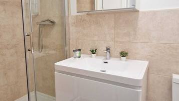 Hair dryer, towels, soap, toilet paper