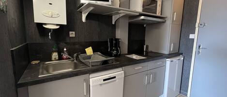 Kühlschrank, Mikrowelle, Geschirrspüler, Kochgeschirr/Geschirr/Besteck