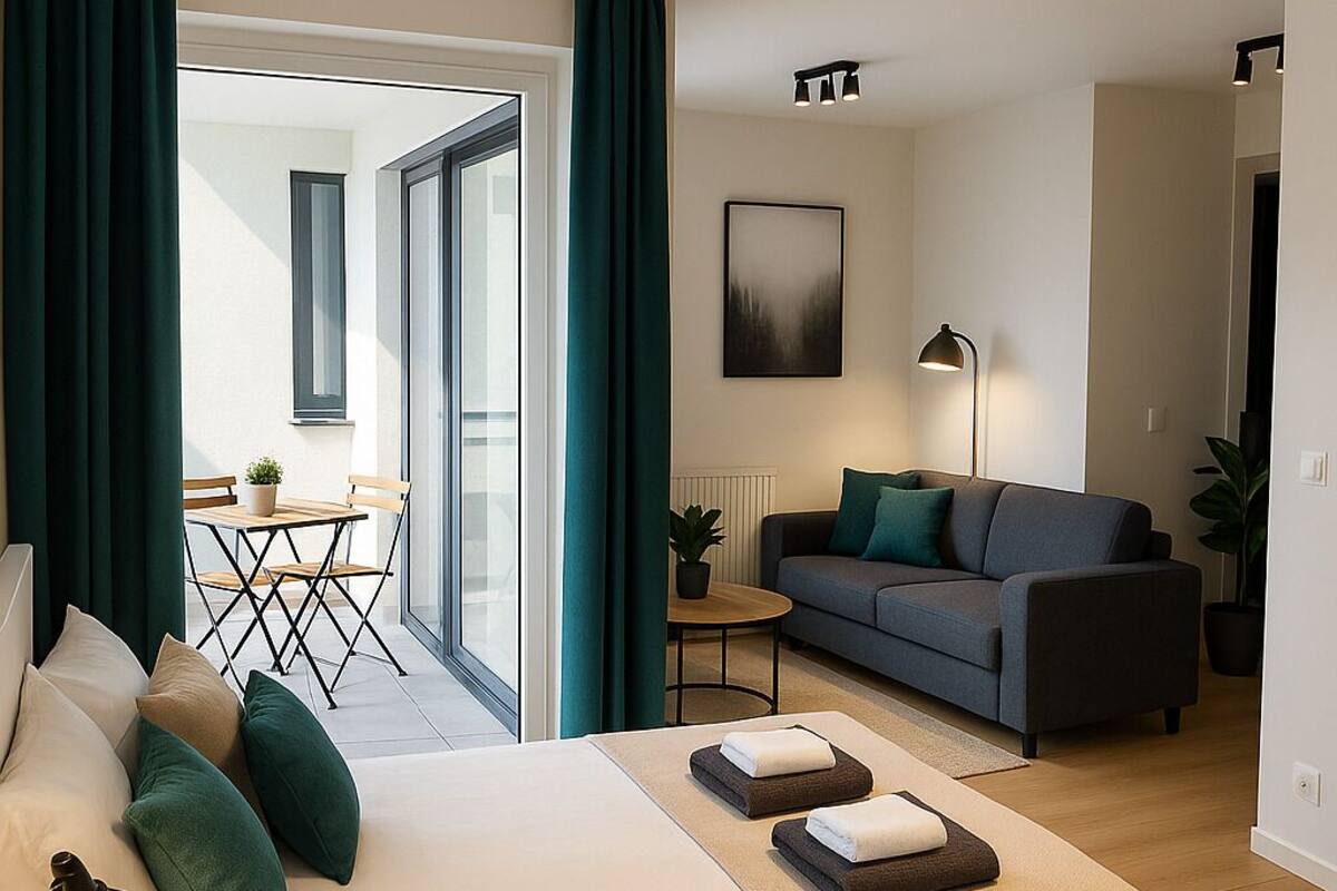 A modern hotel room with a large bed, a sofa, a small table, and a view of the outside.