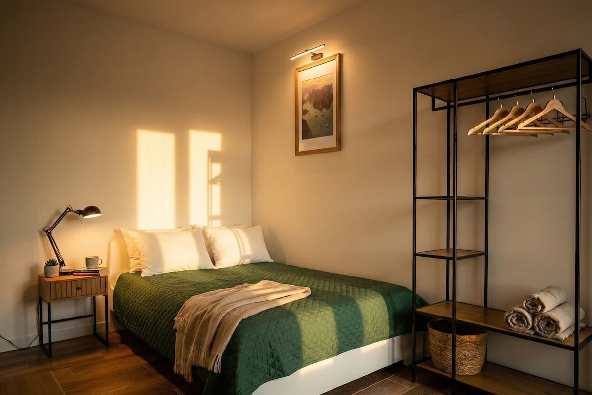 A neatly arranged bedroom with a bed, a bedside table with a lamp, a hanging wardrobe, and a framed picture on the wall.