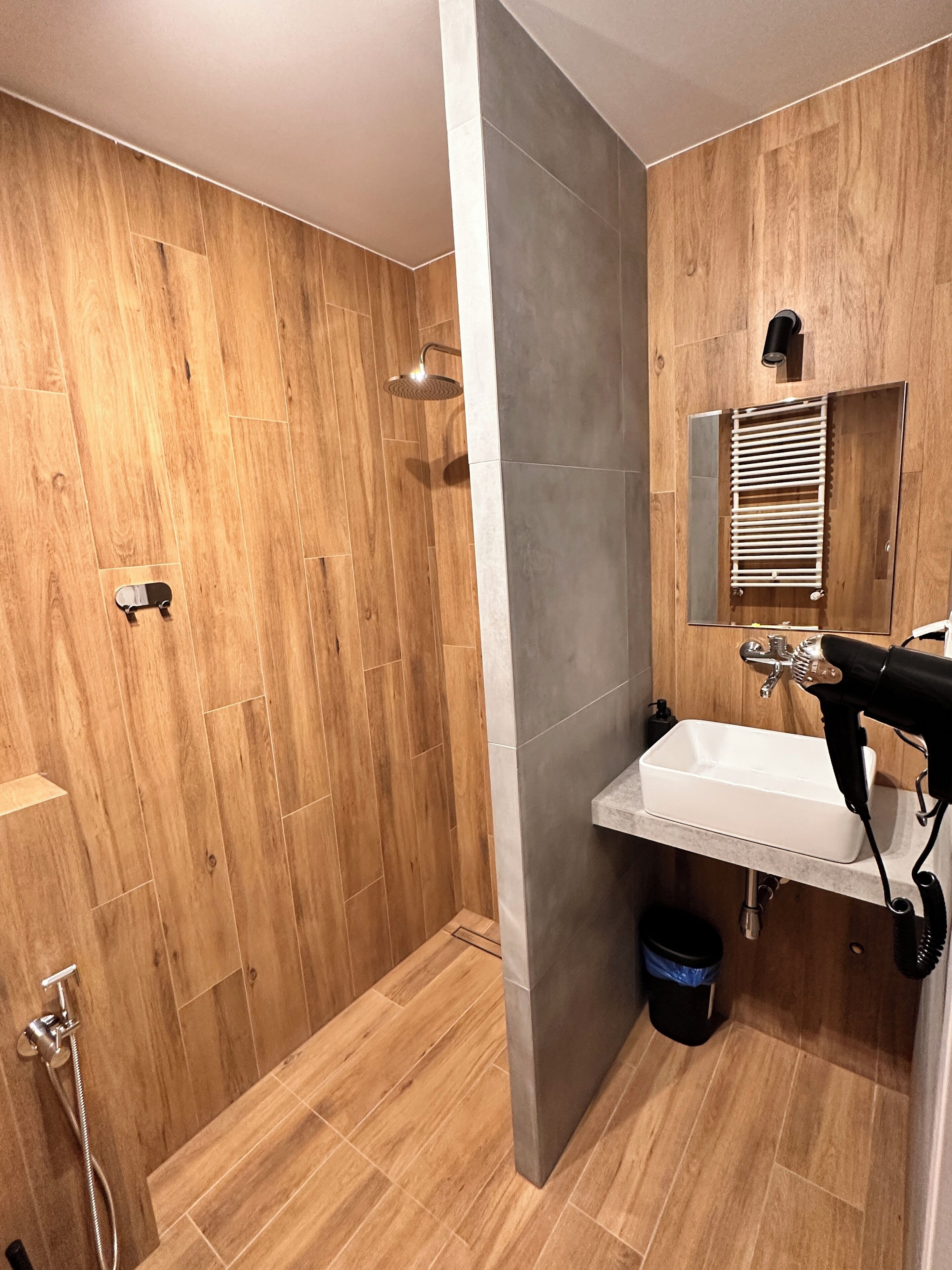 Une salle de bain moderne avec un plancher en bois, une douche, un lavabo avec un miroir et un sèche-cheveux.