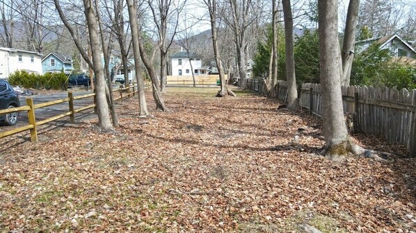 A residential area with a wooden fence, leaf-covered ground, and houses in the background.