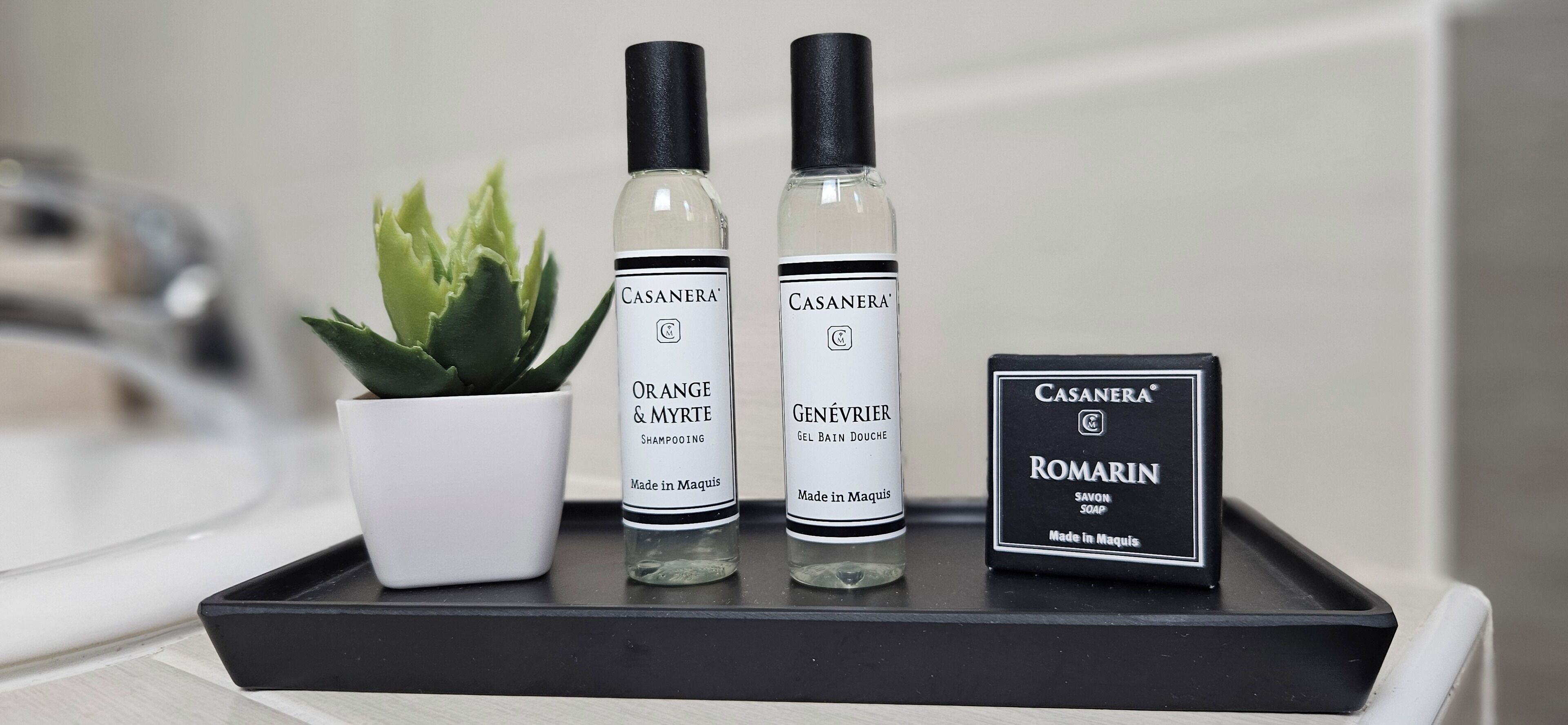 A bathroom shelf with three bottles of Casanera products, a potted plant, and a soap bar.