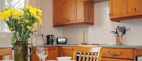 Fridge, microwave, oven, cookware/dishes/utensils