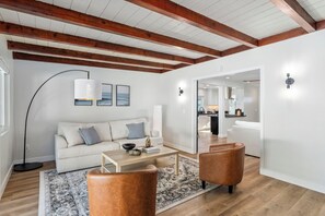 Smart TV, fireplace, books