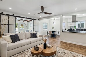 Smart TV, fireplace, books