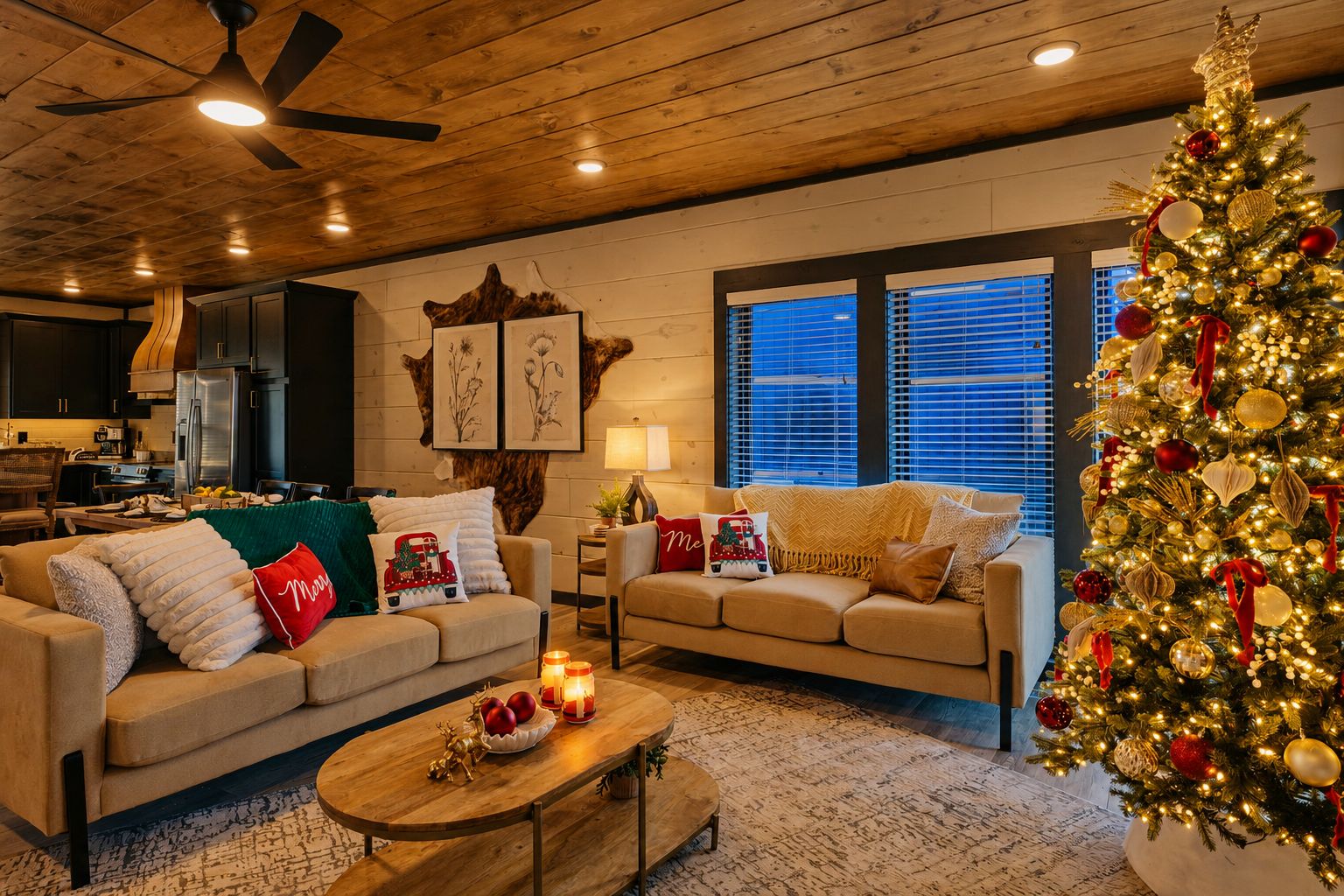 Ein gemütliches Wohnzimmer mit Kamin, zwei Sofas, einem Couchtisch und einem Weihnachtsbaum.