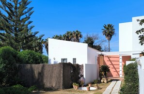 A modern bungalow with a white exterior, a wooden fence, and a garden with potted plants and flowers.