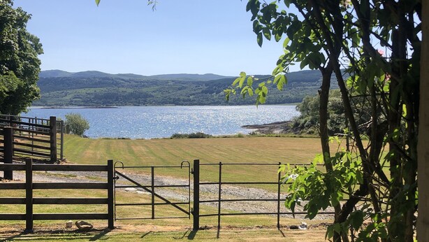 A view of a lake with a wooden fence and a metal gate, surrounded by grassy areas and trees.