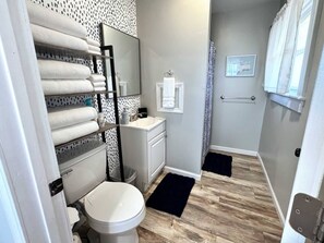 Shower, hair dryer, towels, shampoo