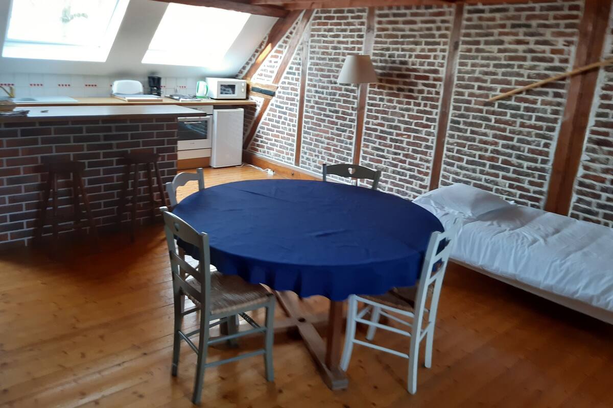 Une pièce de style loft comprenant une table à manger, des chaises, un lit, un petit coin cuisine et un mur décoré d’un motif en briques.