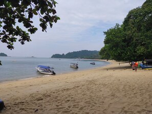 A beach with boats, a sandy shore, and a large tree. - ForgetMeNot Pangkor Homestay 70 小蓝花民宿  4-bedroom villa with WiFi, AC (Pangkor)