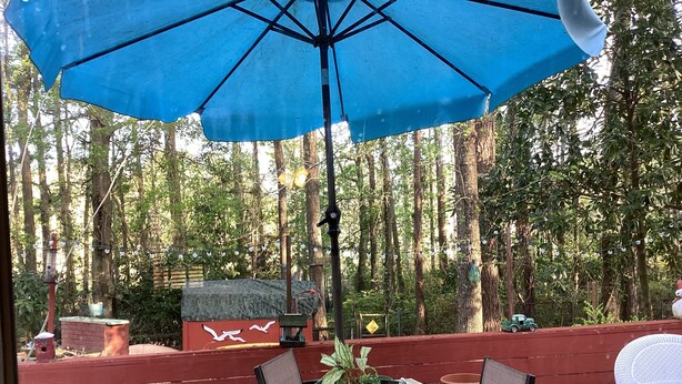 Un patio al aire libre con mantel a cuadros, una sombrilla azul y sillas de madera.