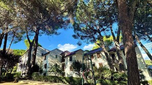 Un immeuble à plusieurs étages, entouré d’arbres et d’une pelouse bien entretenue.