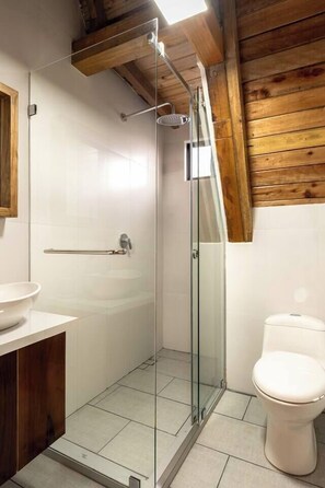 A modern bathroom with a glass-enclosed shower, a white toilet, and a wooden ceiling.