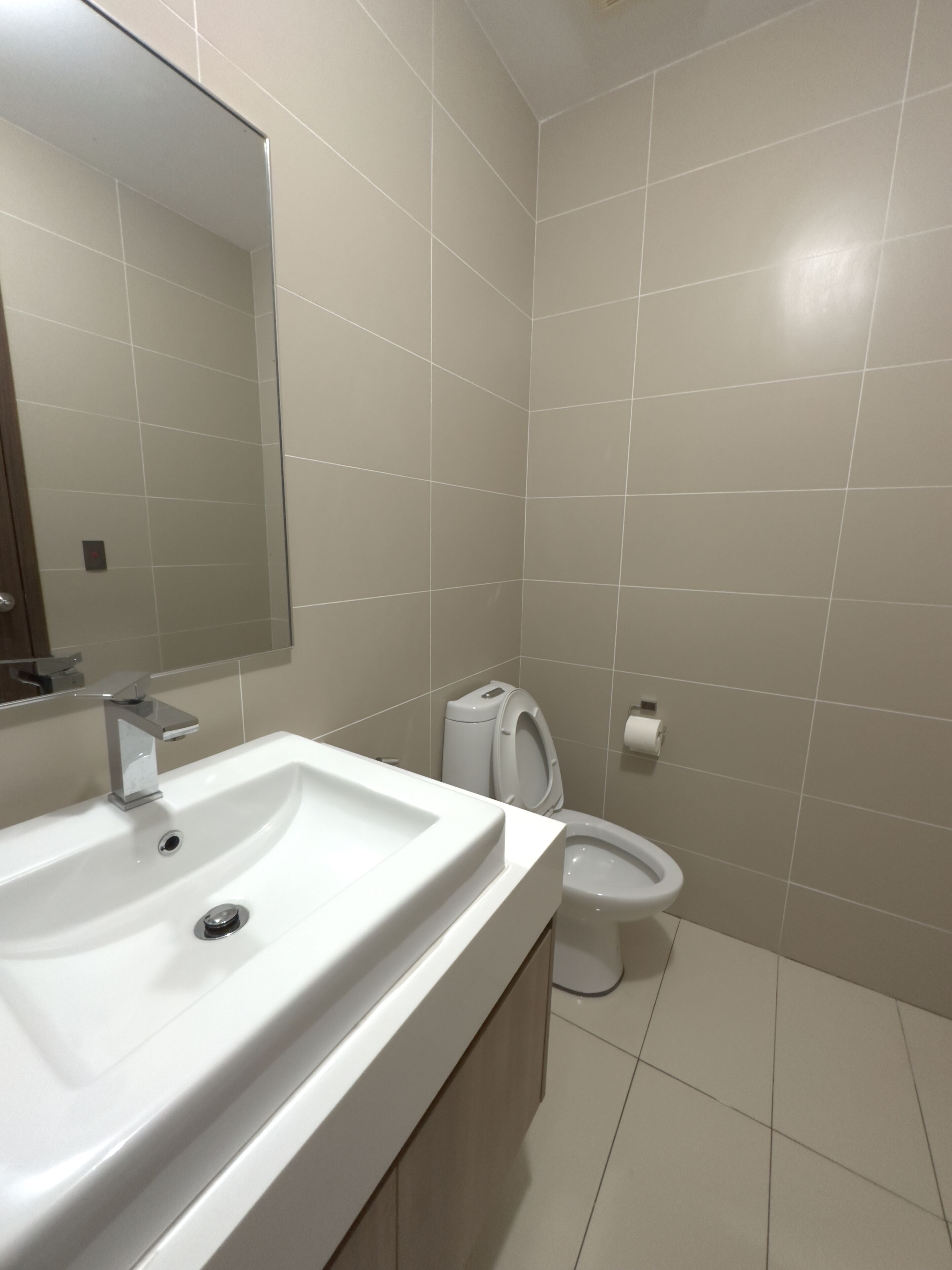 A bathroom with a white sink, a toilet, and a mirror.