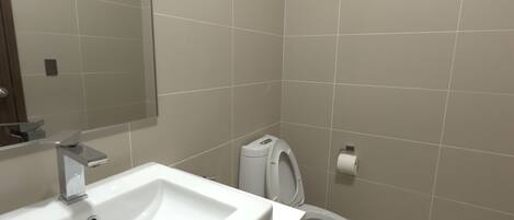A bathroom with a white sink, a toilet, and a mirror.