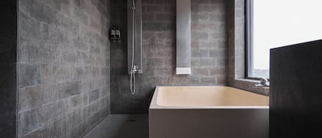 Luxury Double Room, Courtyard View | Bathroom | Combined shower/tub, hair dryer, towels