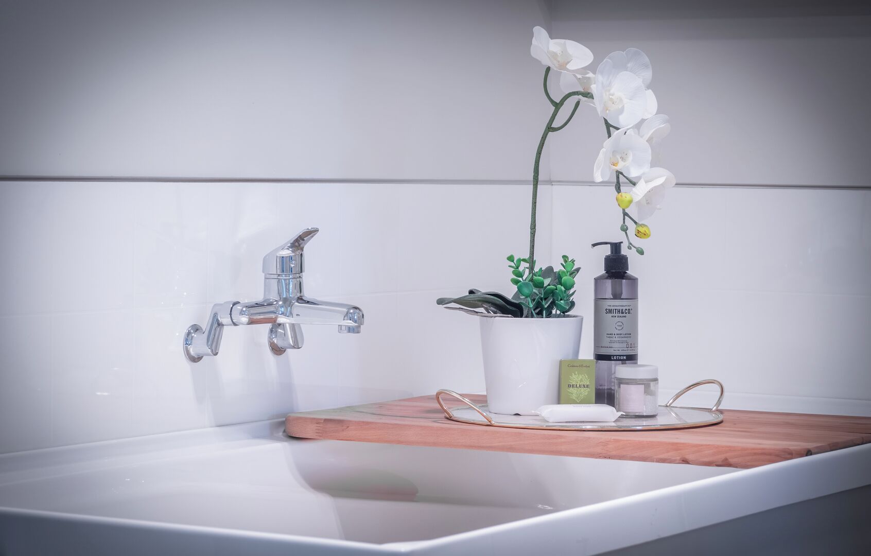 A bathroom with a white sink, a chrome faucet, a small wooden shelf with a potted plant, a bottle of lotion, and a box of soap.